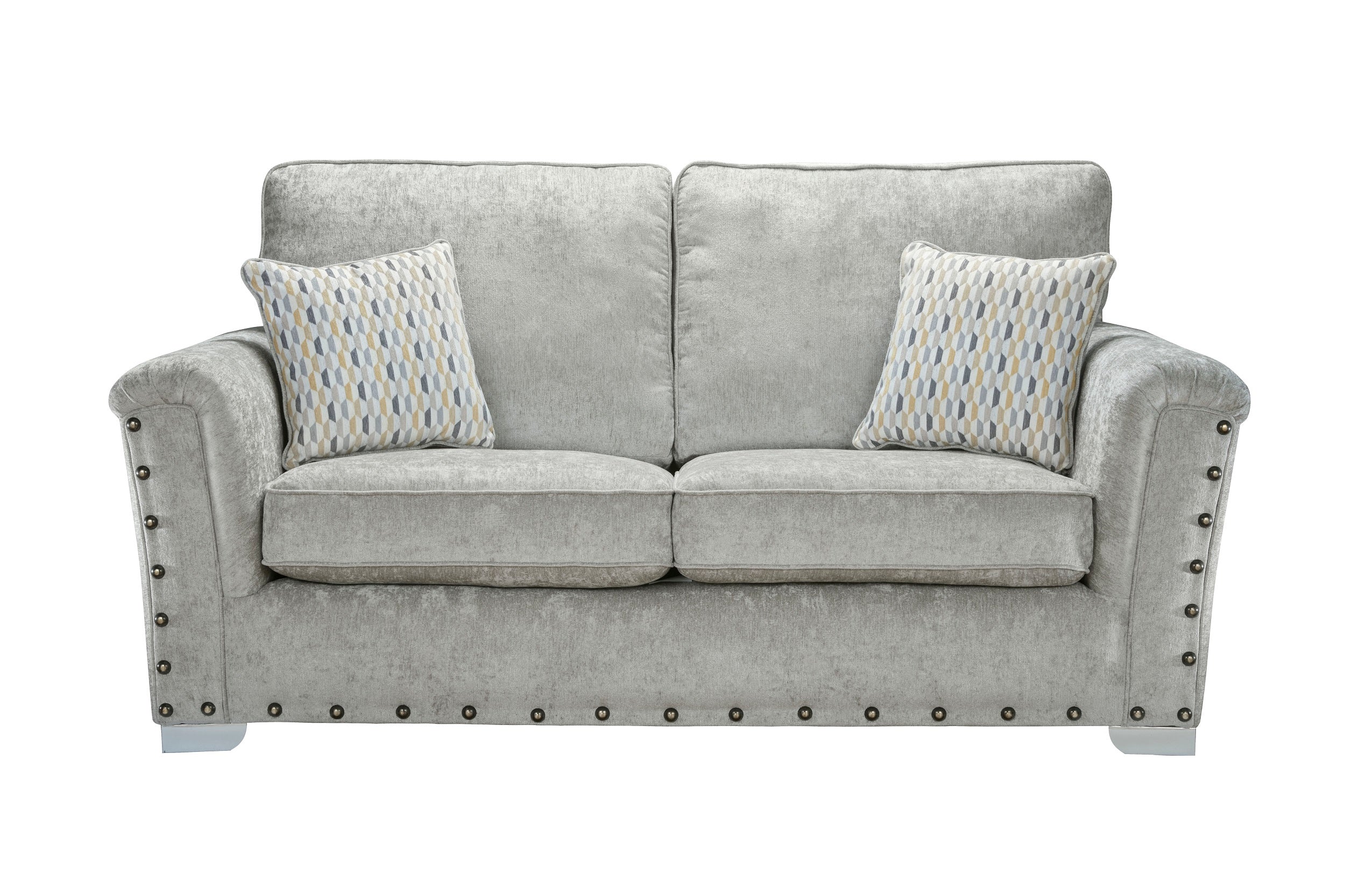 Nebraska Bespoke Grey Fabric Studded With Chrome Feet Sofa